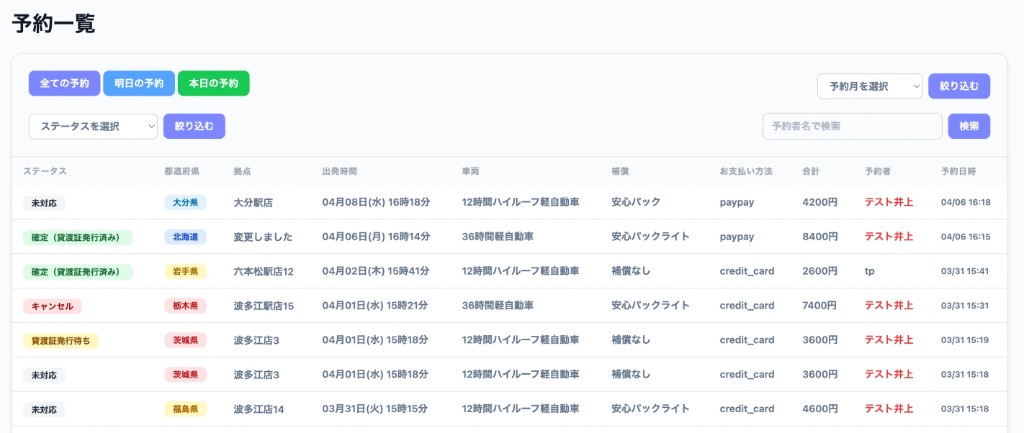 予約一覧を管理する管理画面